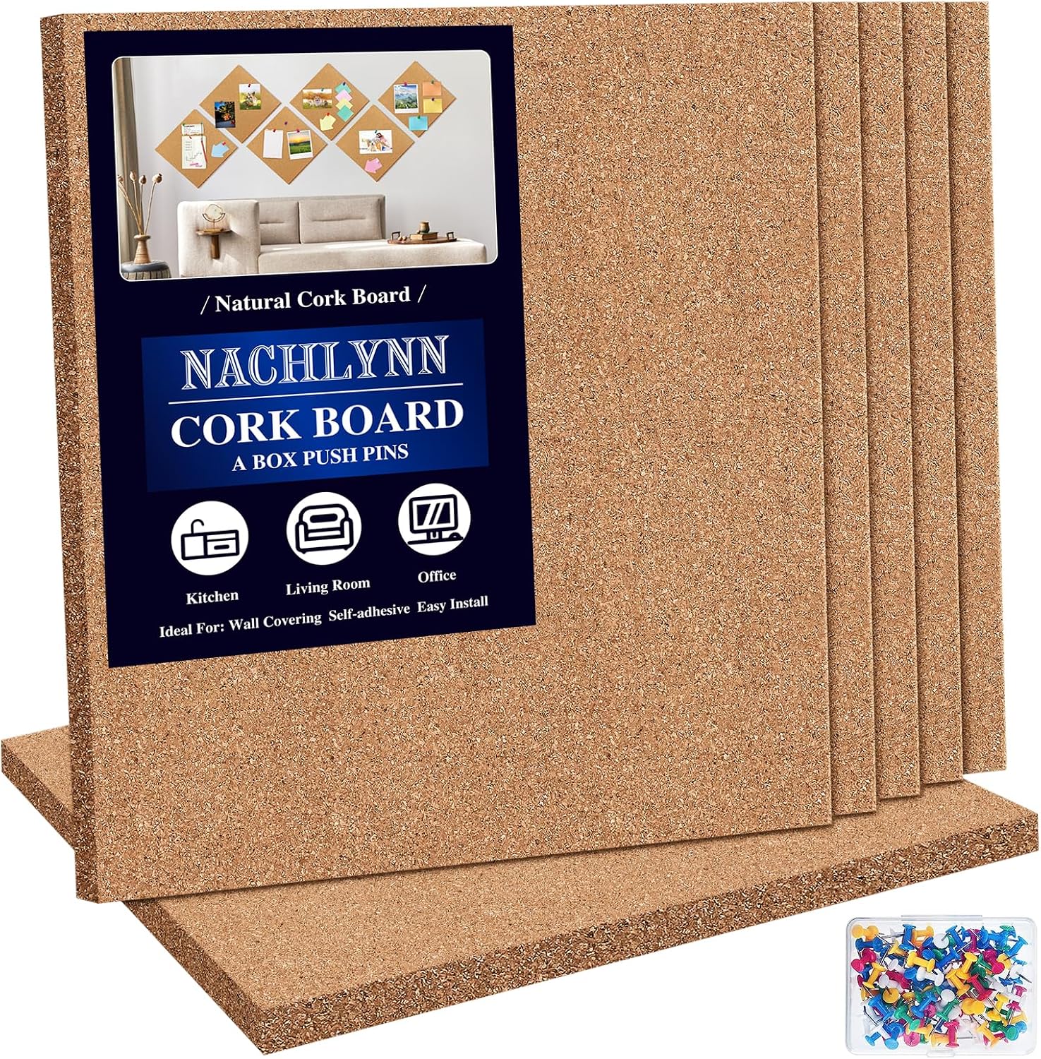 NACHLYNN Cork Board 6 Pack 30x30cm Self-Adhesive Corkboards for Wall Square Bulletin Board with 100 Push Pins Frameless Cork Tiles for Walls Home Office