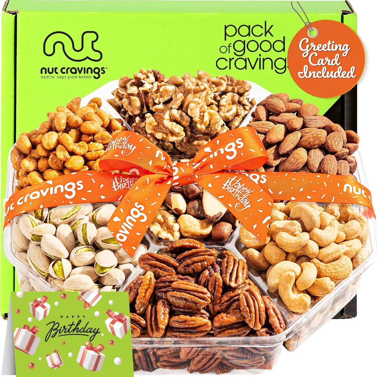 NUT CRAVINGS Gourmet Collection - Happy Birthday Treats, Nuts Gift Basket with Bday Ribbon (7 Assortments) Food Platter, Healthy Snack Care Package, Kosher