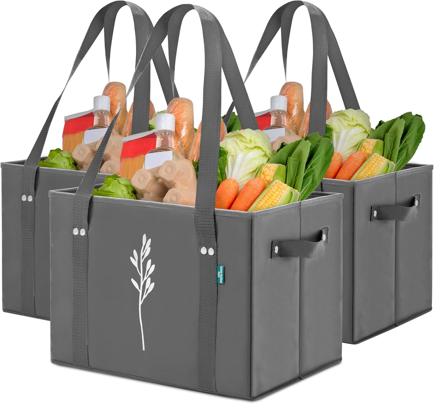 Green Bulldog Reusable Grocery Bags - Heavy Duty Reusable Shopping Tote Bags W/Long Handles, Foldable & Collapsible, Holds Up to 65 lbs - for Kitchen, Picnic 3 Pack
