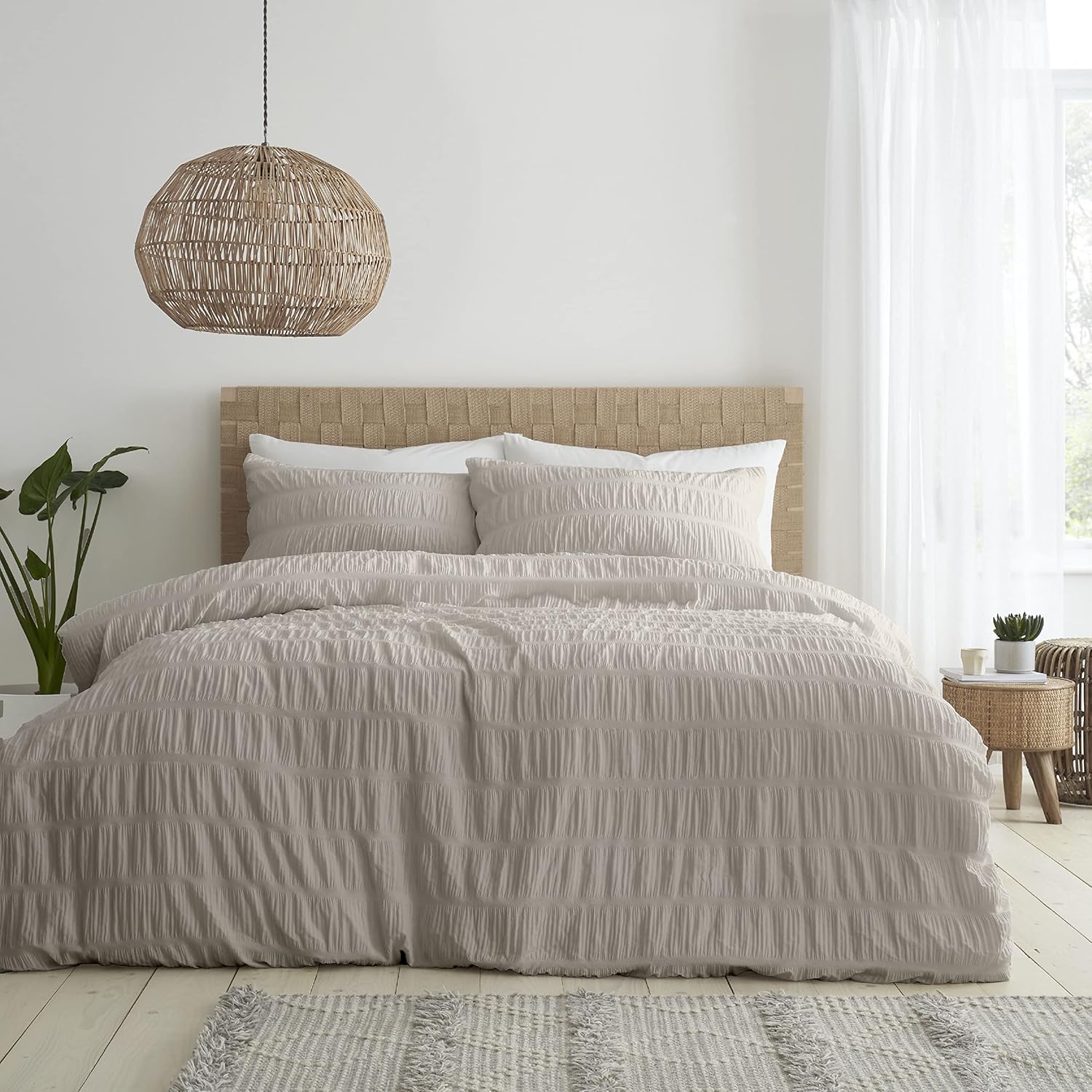 Catherine Lansfield Bedding Seersucker King Duvet Cover Set with Pillowcases Natural