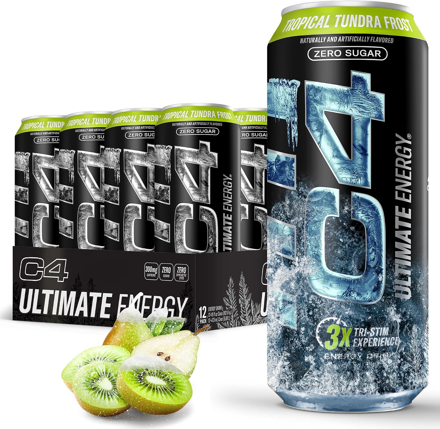 C4 Ultimate Frost Zero Sugar Energy Drink, Tri-Stim Experience with 300mg Caffeine + TeaCrine + Dynamine, Tropical Tundra Frost, 16oz (Pack of 12)