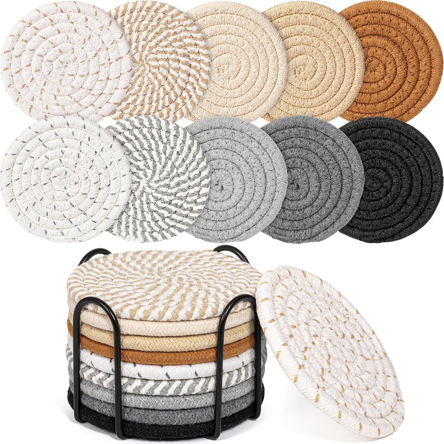 10 Pcs Drink Coasters with Holder,10 Colors Absorbent Coasters for Drinks Minimalist Cotton Coaster Cup Coasters Set Woven Coasters for Coffee Table Home Decor Tabletop Protection, 4.3 Inch