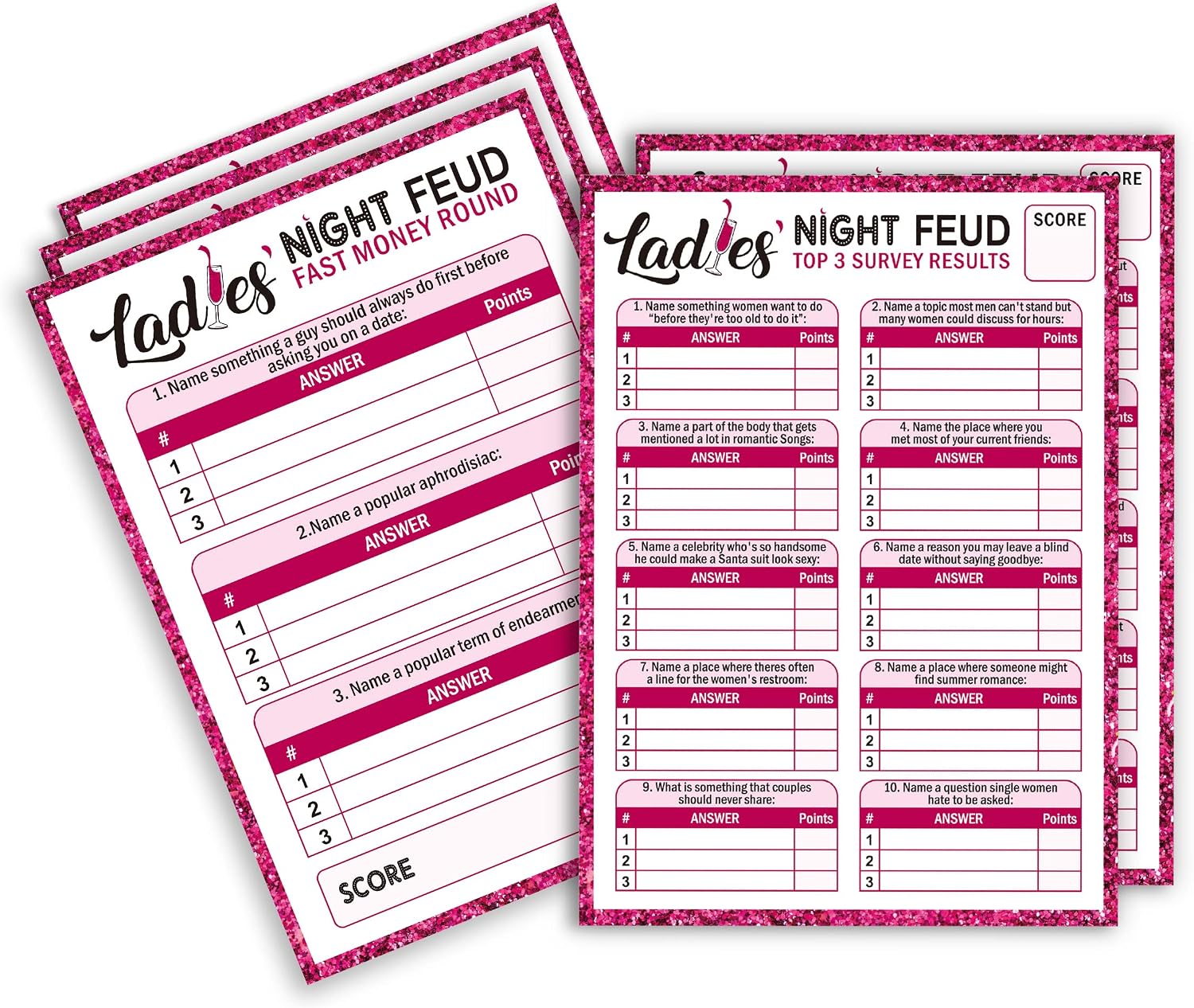 Ladies Night Party Feud Games, Girls Night Games, Ladies Night Out Games, Great for Bachelorette Party Game or Adult Trivia Game - 30 Ladies Feud Cards and 3 Fast Money Round Cards (01)