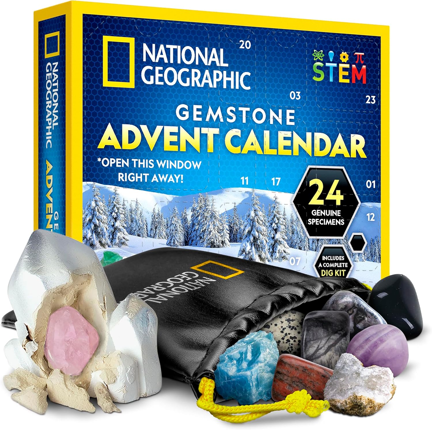 National Geographic 2026 Gemstone Advent Calendar with 24 Gems for Kids | Daily Christmas Countdown, 24 Polished Gemstones, Final-Day Dig Brick, Jewelry Settings, Rock Collection, Collector Pouch