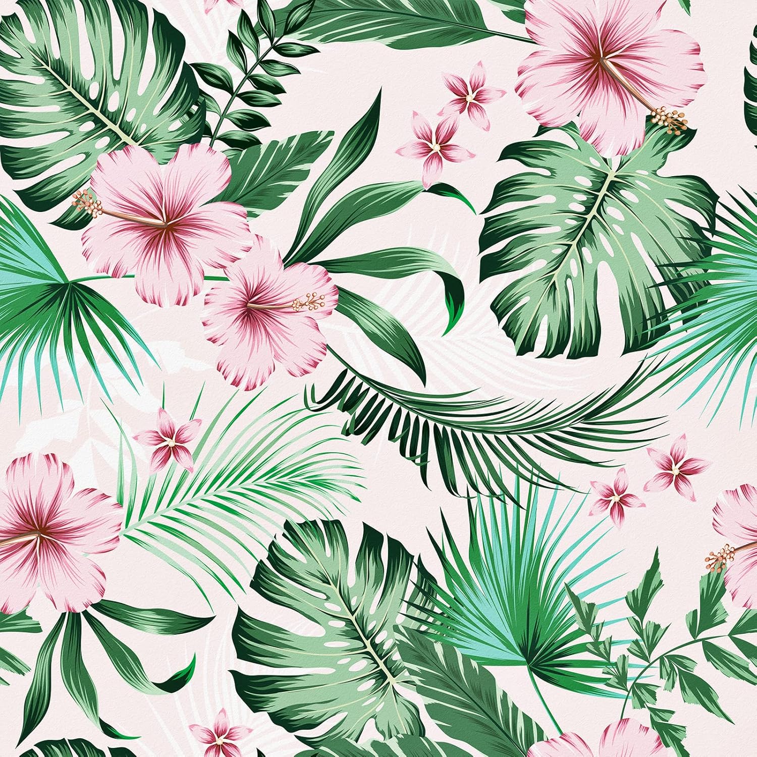 WESTICK Leaf Wallpaper Peel and Stick Tropical Botanical Palm Leaves with Pink Hibiscus Flowers Self Stick Floral Wall Paper Jungle Forest Wallpapers for RV Bathroom Drawer Dresser 17.5 x 118 in