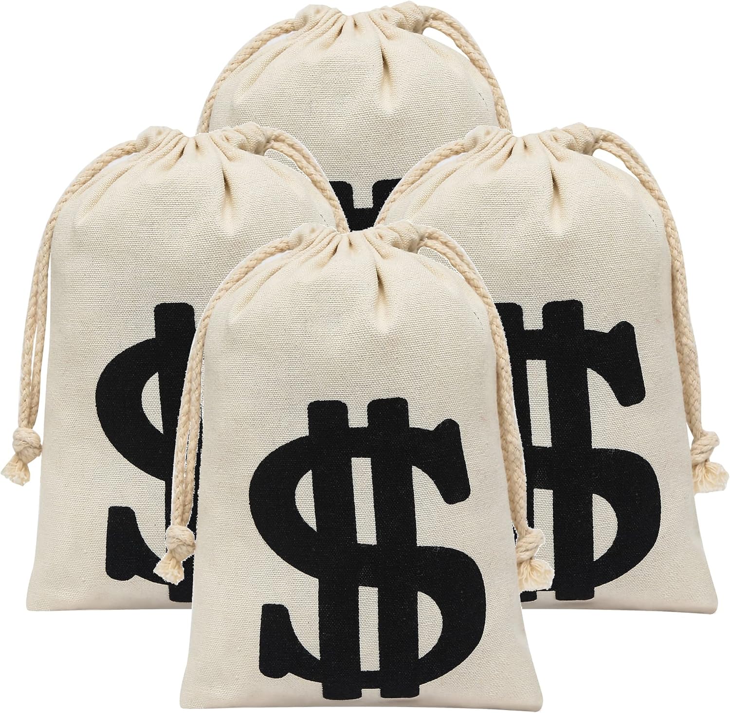 4 Pack Canvas Natural Money Bag Pouch with Drawstring Closure for Party Favor, 6.3 x 9 Inches Money Bags Dollar Sign for Bank Robber Pirate Cowboy Halloween Cosplay Theme Party