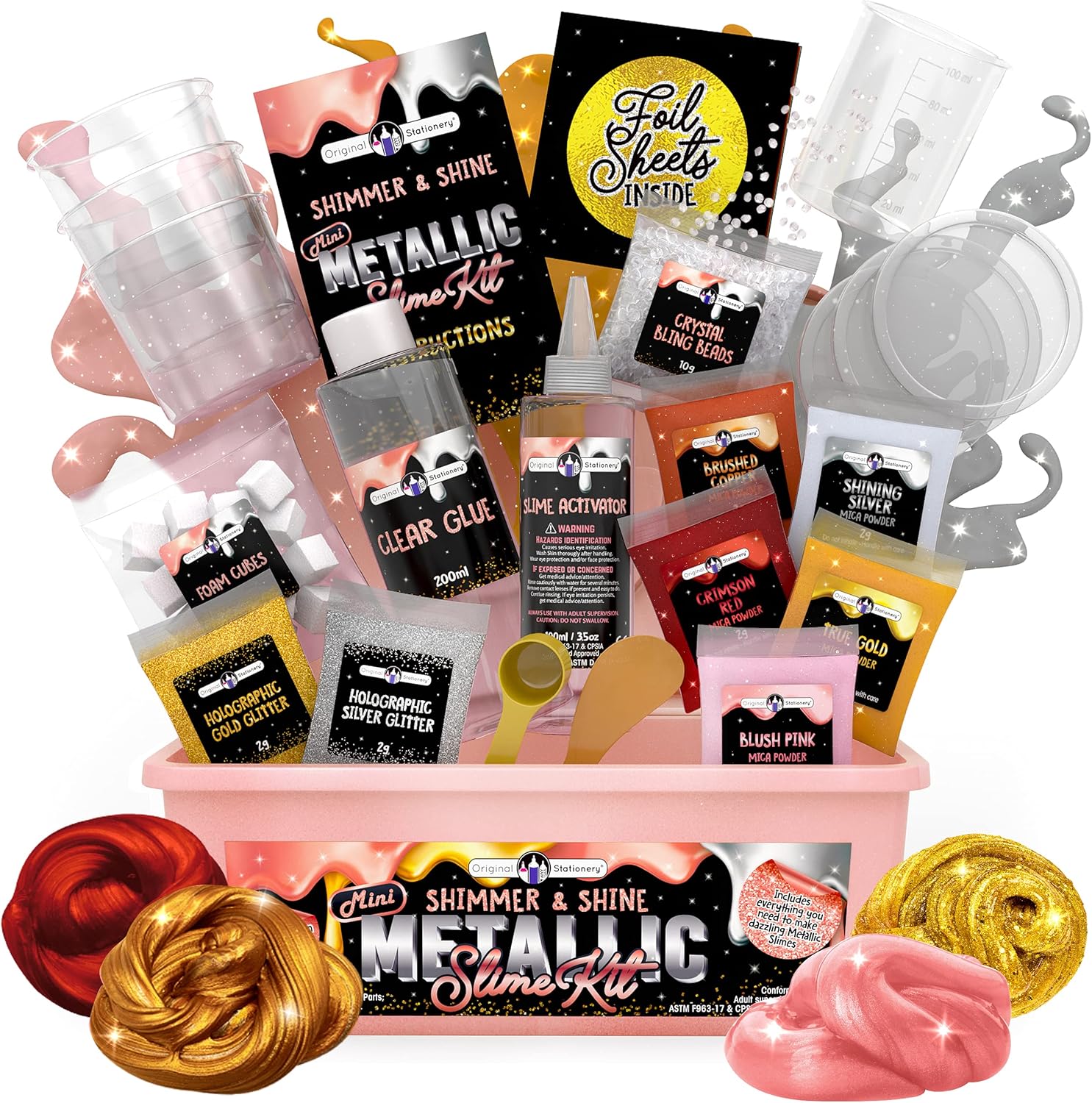 Original Stationery Mini Metallic Shimmer and Shine Slime Kit for Girls, Amazing Slime Making Kit for Girls Age 10-12 to Create Metallic Gold Slime