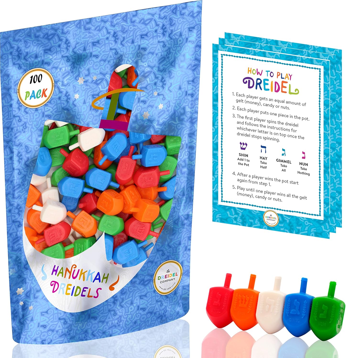 The Dreidel Company 100-Pack Hanukkah Dreidels Multi-Color Plastic Chanukah Dreidels with English Transliteration - Includes 3 Dreidel Game Instruction Cards