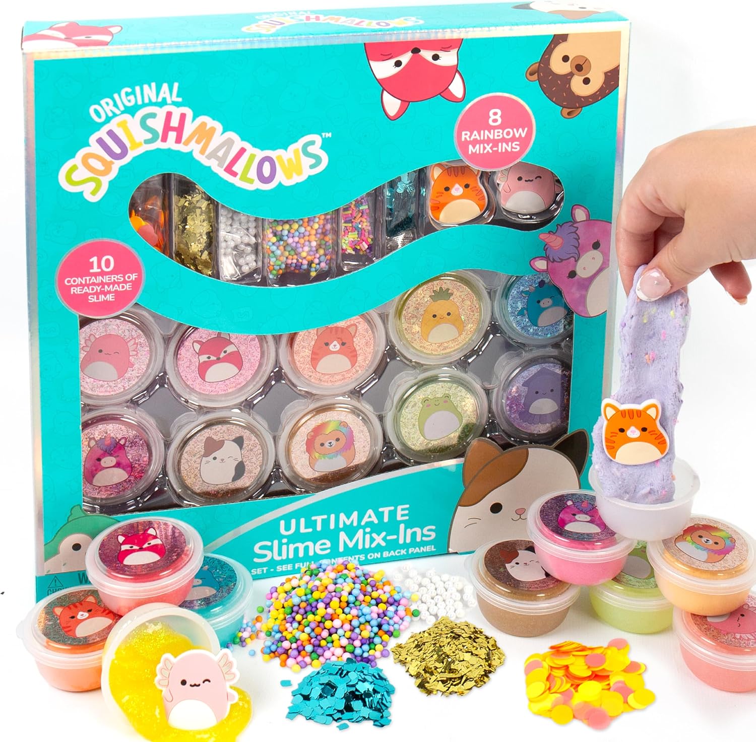 Squishmallows Ultimate Slime Mix'Ins, 10-Pack, Glitter & Cloud Slime, 8 Fun Add Ins, Pre-Made for Kids, Crunchy, Bulk, Great 6 Year Old Toys, Super Soft Sludge Toy
