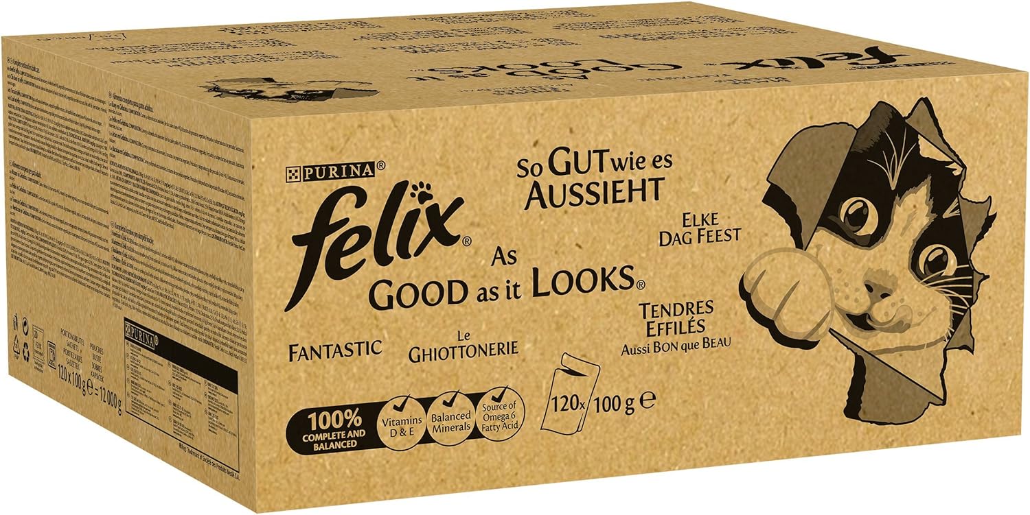 Felix Cat Food As Good As It Looks in Jelly with Beef, Chicken, Cod and Tuna (120 x 100 g Bag)