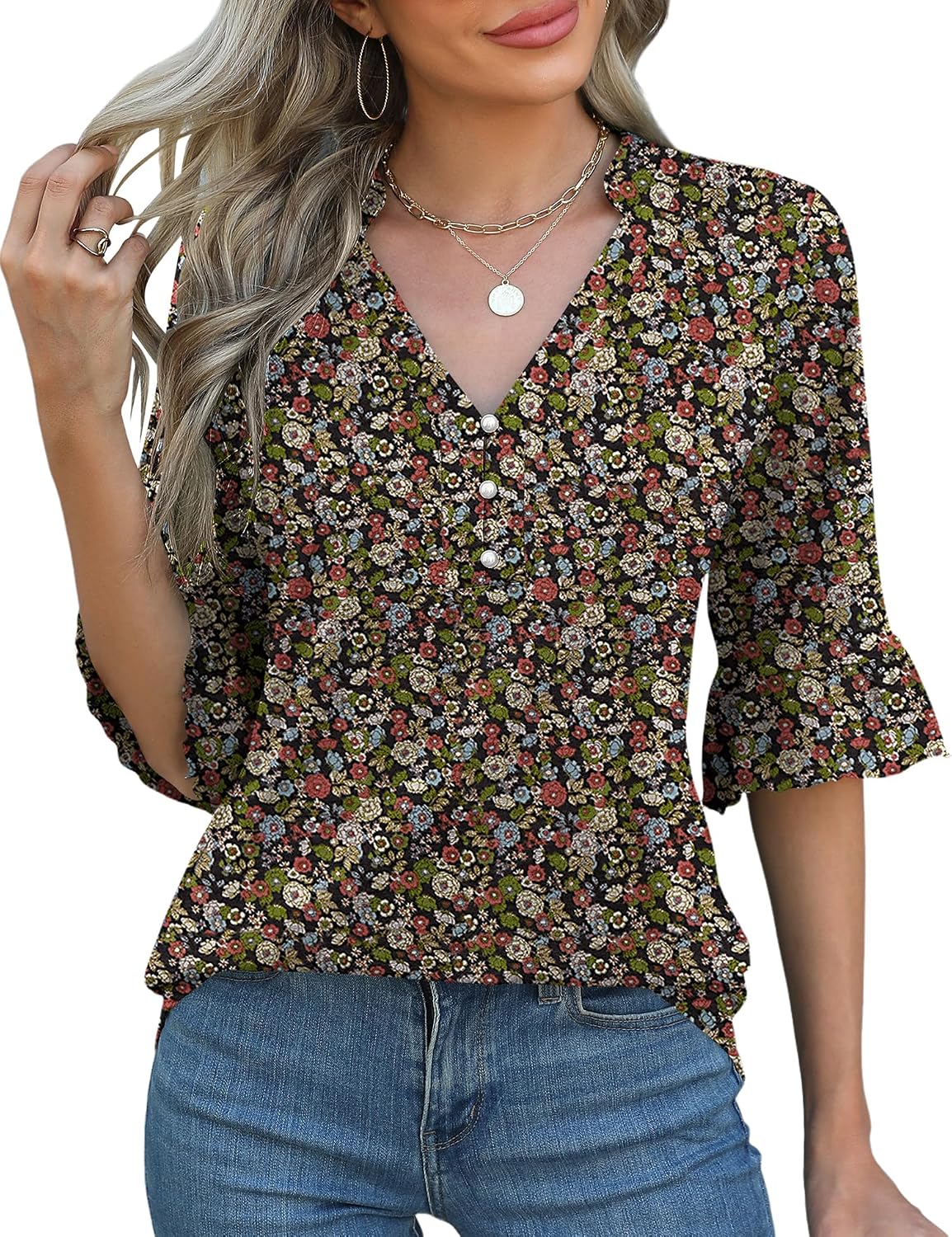 Rapbin Womens 3/4 Length Sleeve Blouses Ruffle Cuffs V Neck Button Down Shirts Dressy Flowy Tunic Tops