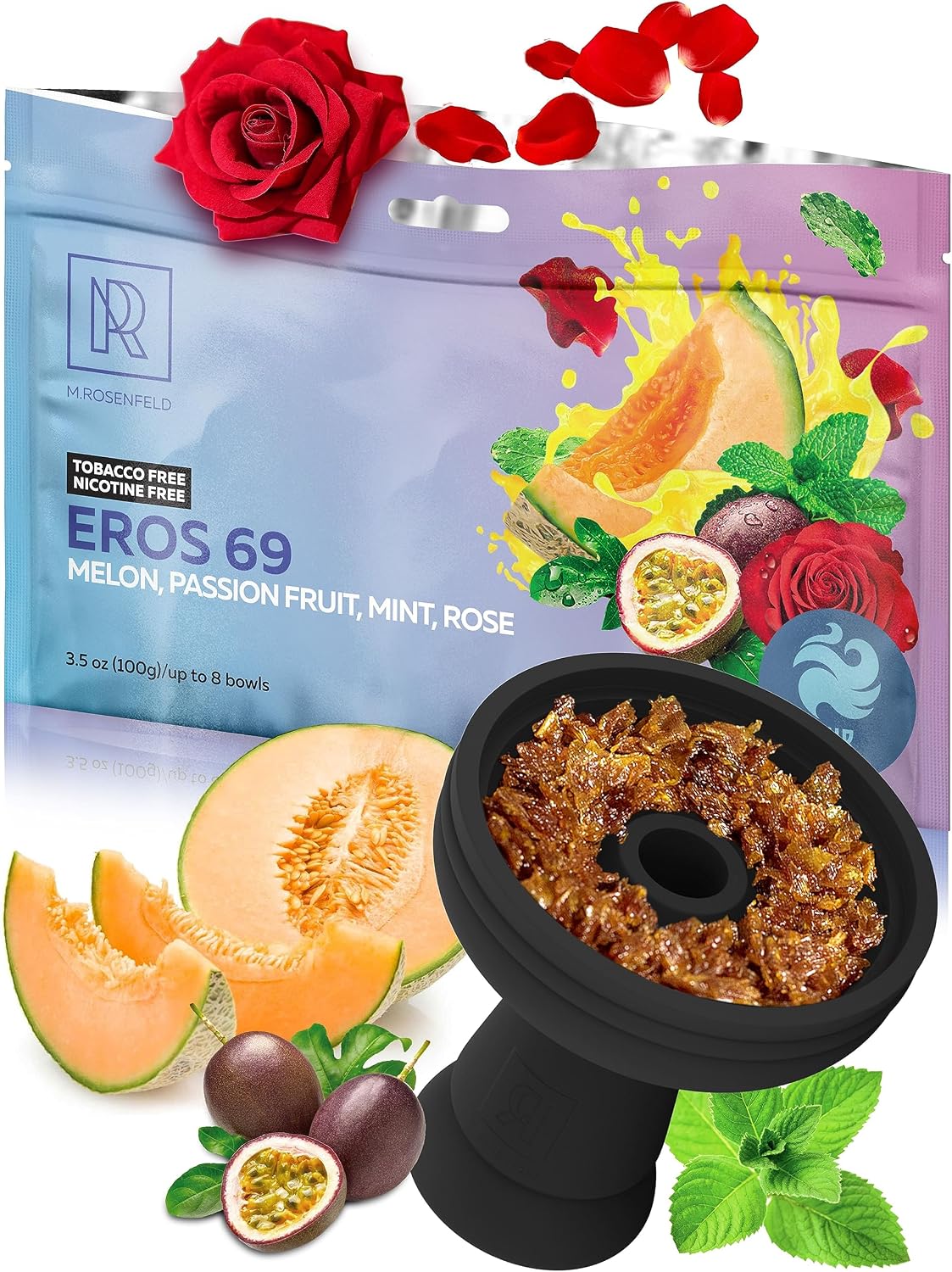 Shisha Hookah Flavors Nicotine Free EROS 69 - Mix of Melon, Passion Fruit, Mint, Rose Herba - 3.5 ounce - 100 Gram Tobacco Free Hookah Shisha - Shisha Hookah Flavors