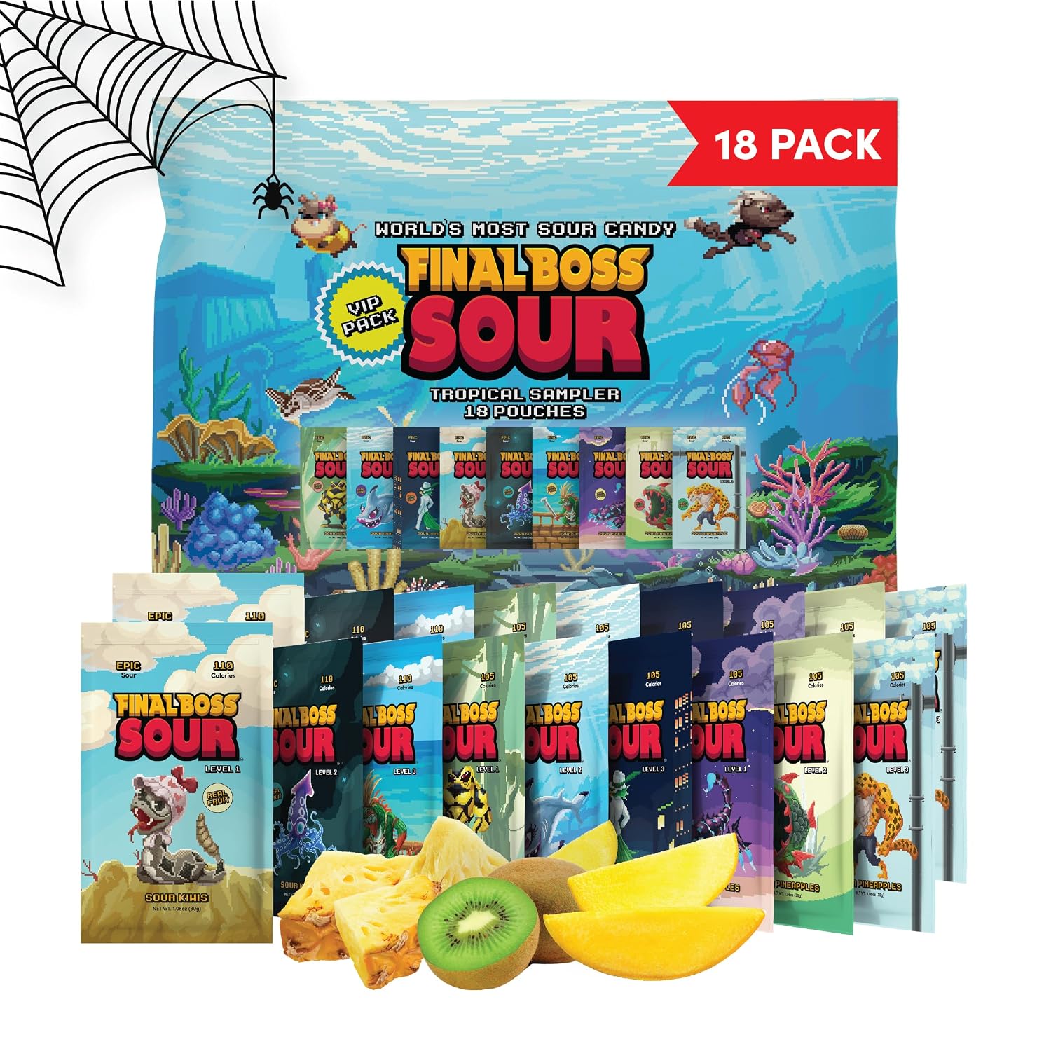 Final Boss Super Sour Candy, Tropical Sampler, 18 Pack, All Sour Levels, Fruit Chews with Real Dried Fruit, No Artificial Colors or Flavors, Low Calorie Snack for Kids, Teens, Adults & On the Go
