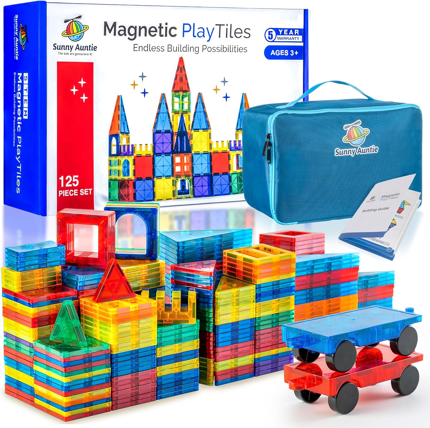 Magnetic Tiles 125 PCS (XL SET), Magnetic Tiles for Kids, Toy for 3 4 5 6 7 8 Year Old Boys & Girls, Large Building Set, Great Gift for Kids Aged 3-8, Gift Box, + Bonus Zippered Carrying CASE