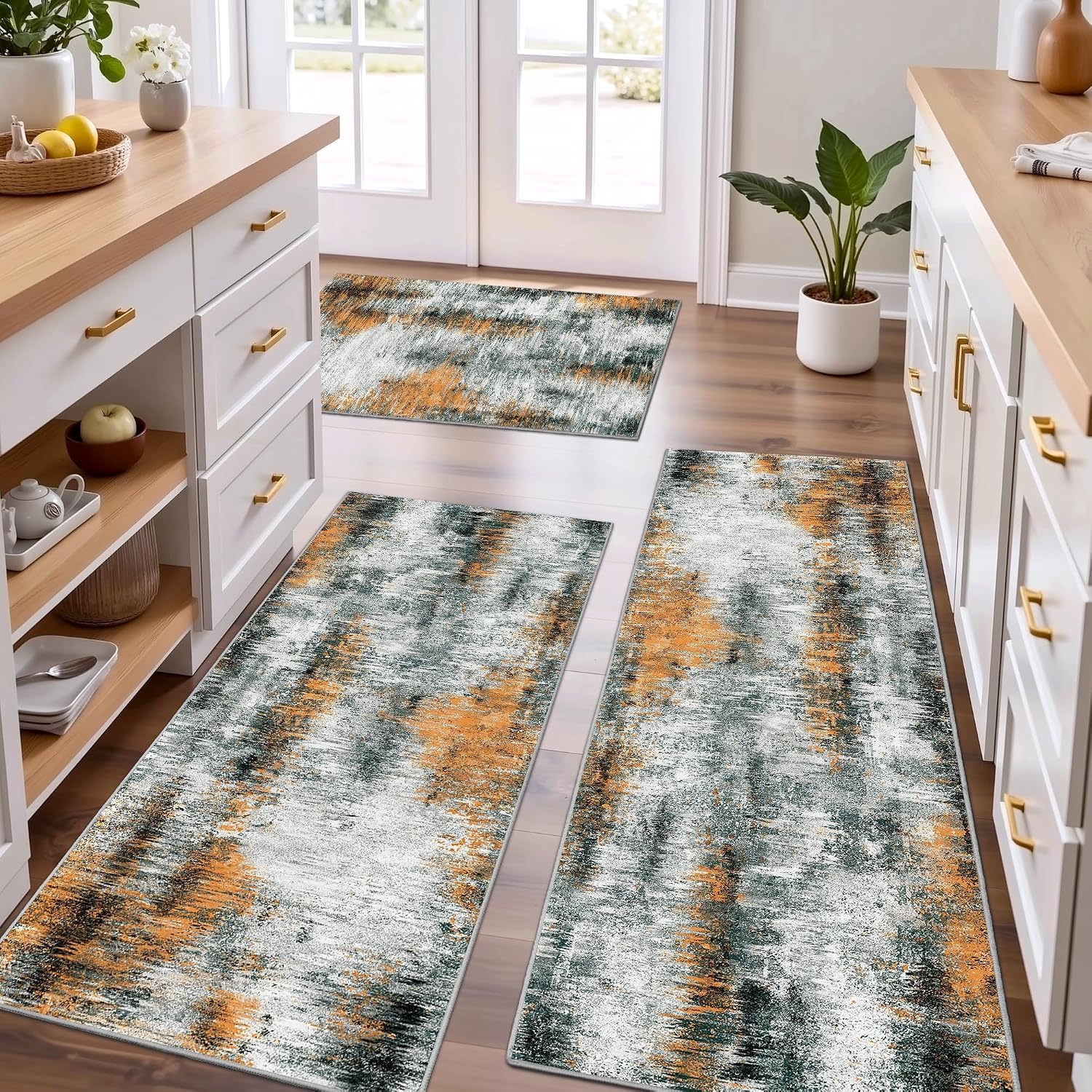 Upgrade Non Slip Kitchen Rugs Sets of 3 Washable Kitchen Mats for Floor Abstract Kitchen Runner Rug Ultra Soft Floor Mat Set Kitchen Carpet Rugs for Hallway, Laundry, Entryway, Office, Orange