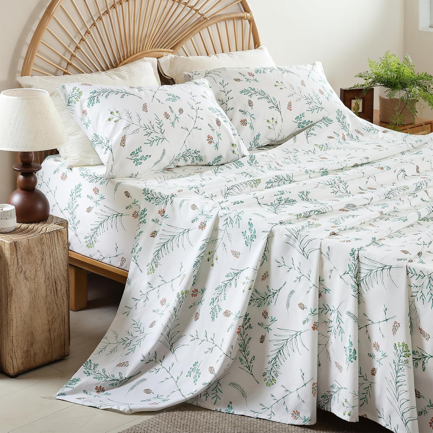 Whitney Home Textile Floral Printed King Sheet Set - Soft Boho Botanical Rustic Pattern Bed Sheets, Microfiber Bedding & Pillowcases, Oeko-Tex, Wrinkle Free, 4 Piece (King Size)