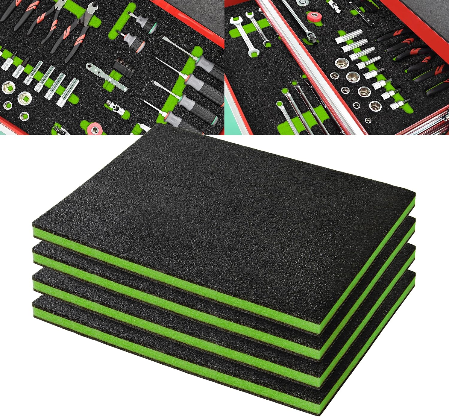 Precision Defined Tool Box Foam Insert, 40.6x30.4x2.54cm (4-Pk) | Polyethylene Cushion Insert for Cases, Black/Green
