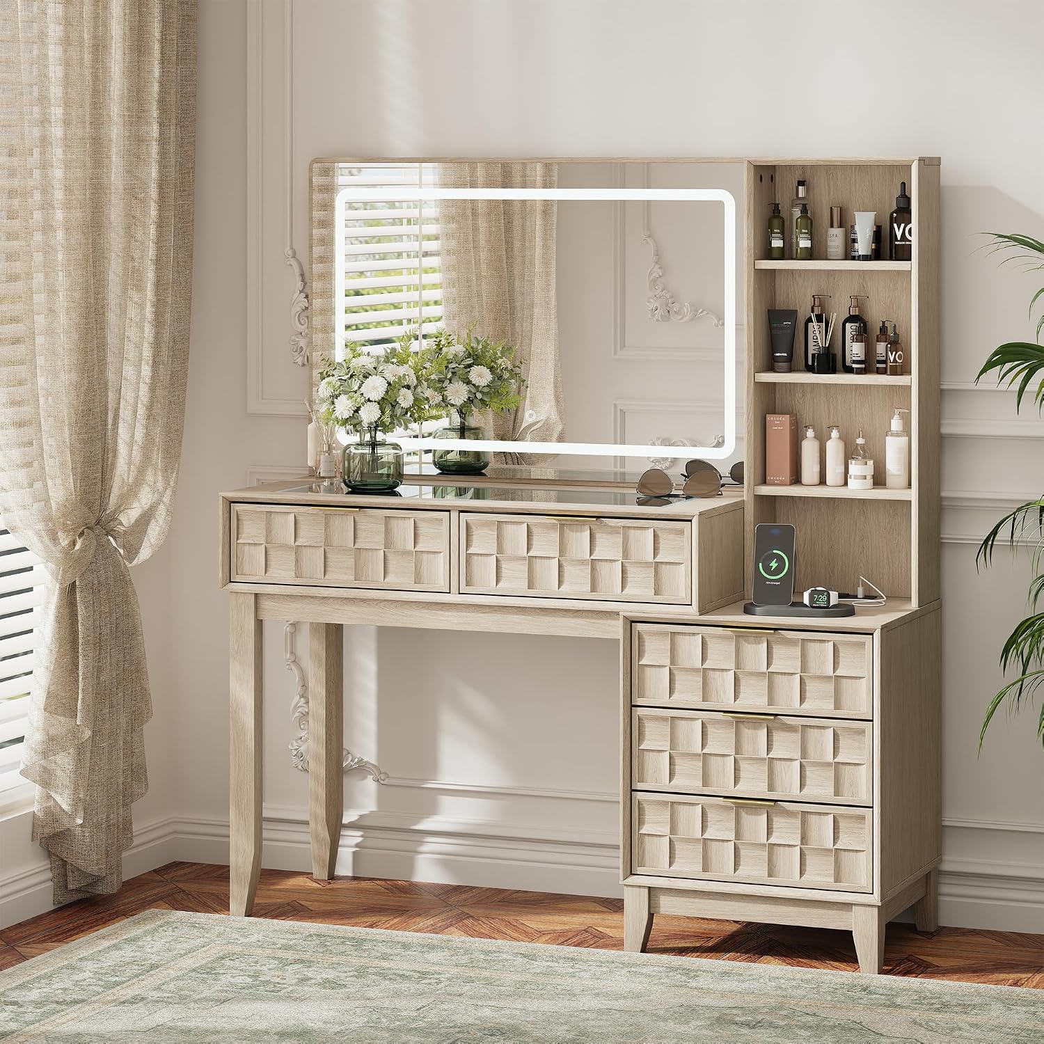 MALOL 50" Large Glass Top Vanity Desk, Oak Wood