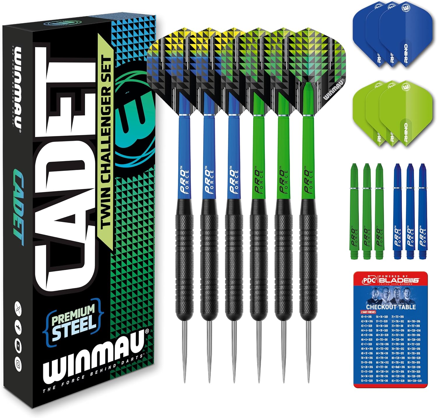 WINMAU Cadet Twin Challenger Steel Tip Darts Set - 2 x 19g Steel Darts with Prism Alpha Flights, Pro Force Medium Shafts & Scorecard, Black