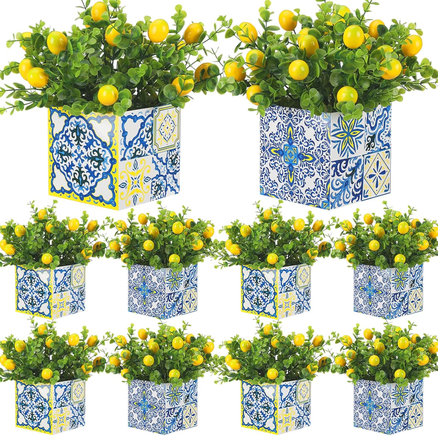Giegxin Blue Tiles Lemon Table Centerpiece Decor Amalfi Coast Box Decorations with Artificial Lemon Branches for Capri Mediterranean Positano Wedding Birthday Party Decor(8 Sets)