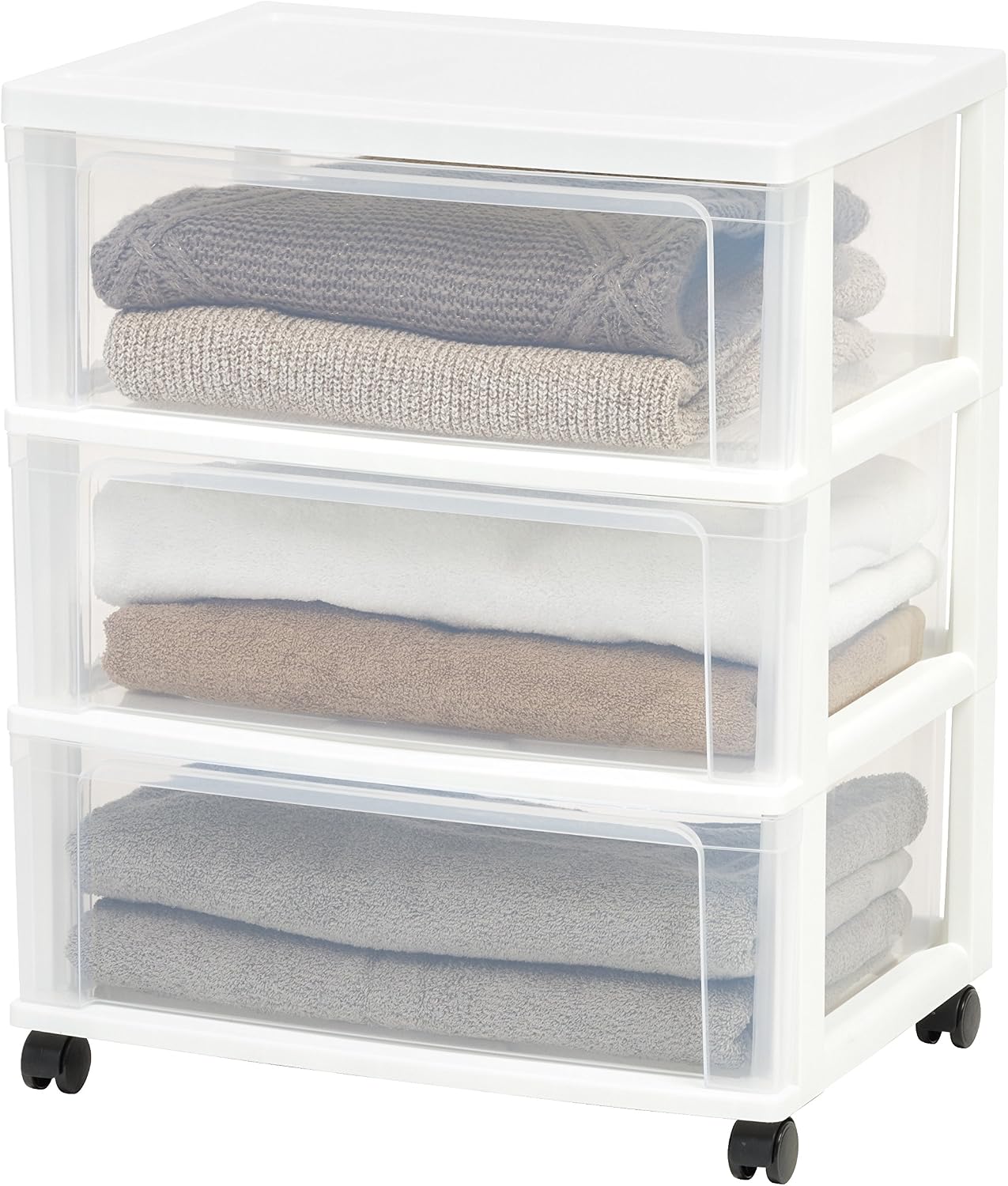 IRIS USA Plastic Drawer Storage Organizer Rolling Cart, with Wheels Casters, 3-Drawers, for Classroom Art Craft Supplies Dresser Closet Bathroom Dorm Bedroom Laundry Room, Wide, White/Clear
