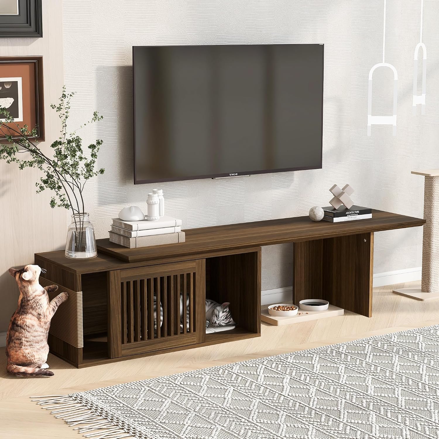 Mid-Century Modern 2 in 1 Cat Furniture, TV Stand with Extendable Table, Litter Box Enclosure with Cat Scratcher, Walnut