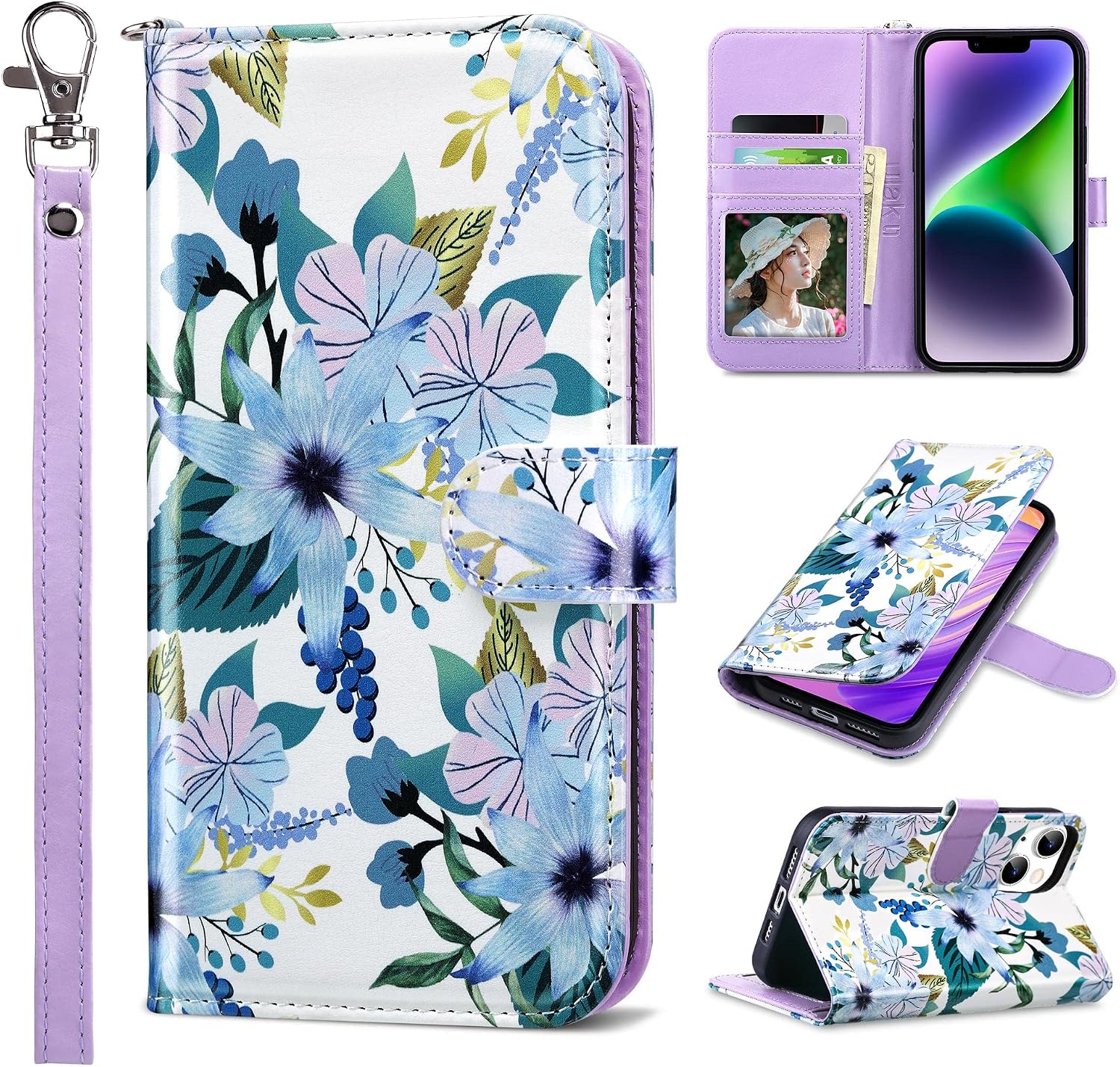ULAK Compatible with iPhone 14 Plus Wallet Case with Card Holder for Women, RFID Blocking Designed Flip PU Leather Kickstand Wrist Strap Shockproof Phone Case for iPhone 14 Plus 6.7 inch, Flower