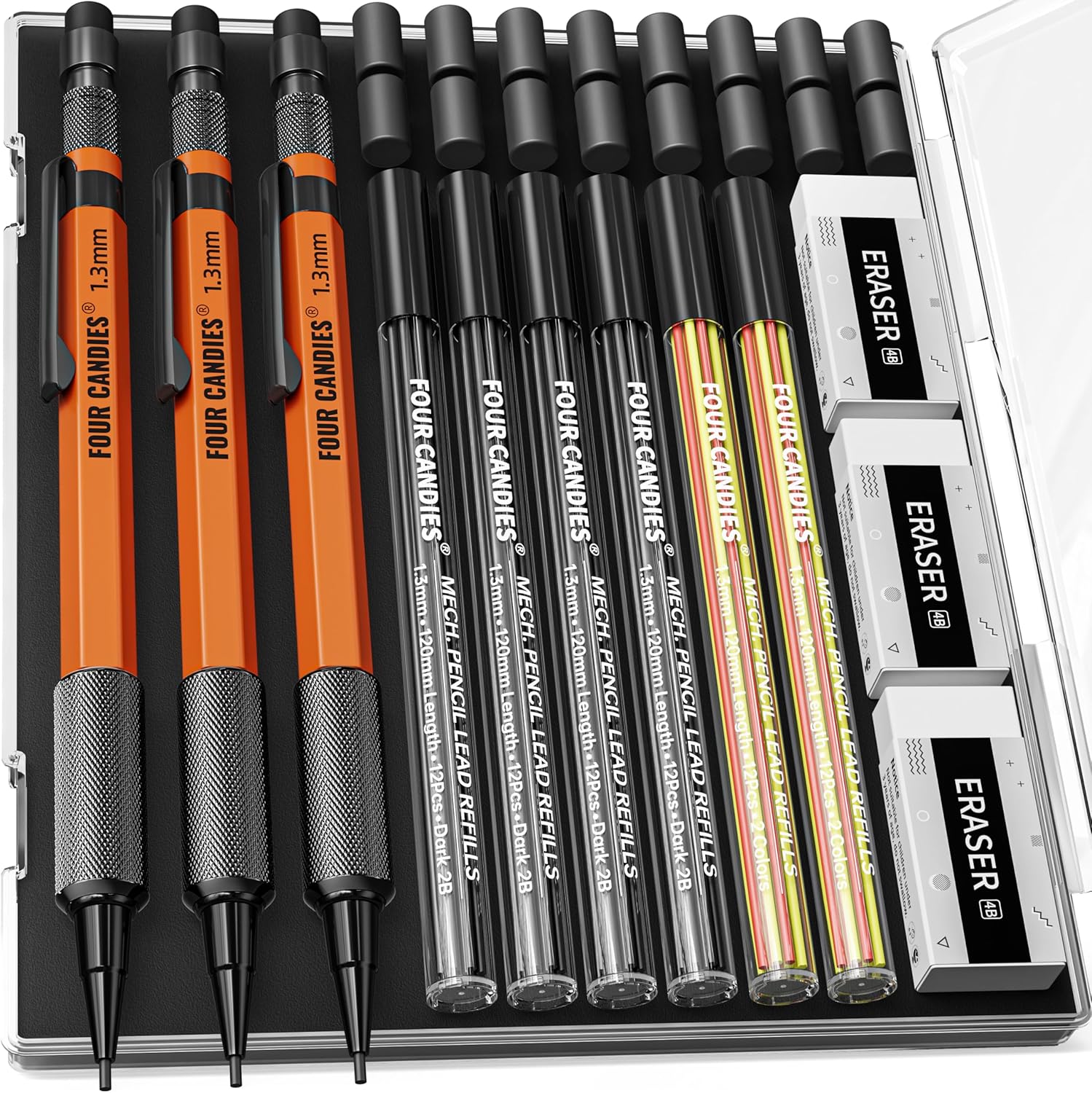 Four Candies 3PCS 1.3mm Mechanical Pencil Set with Case, Metal Heavy Duty Carpenter Pencils with 48 Refill(Red,Black,Yellow) 3Eraser, 12Eraser Refill, Weatherproof Body Outdoor Woodworking Marking