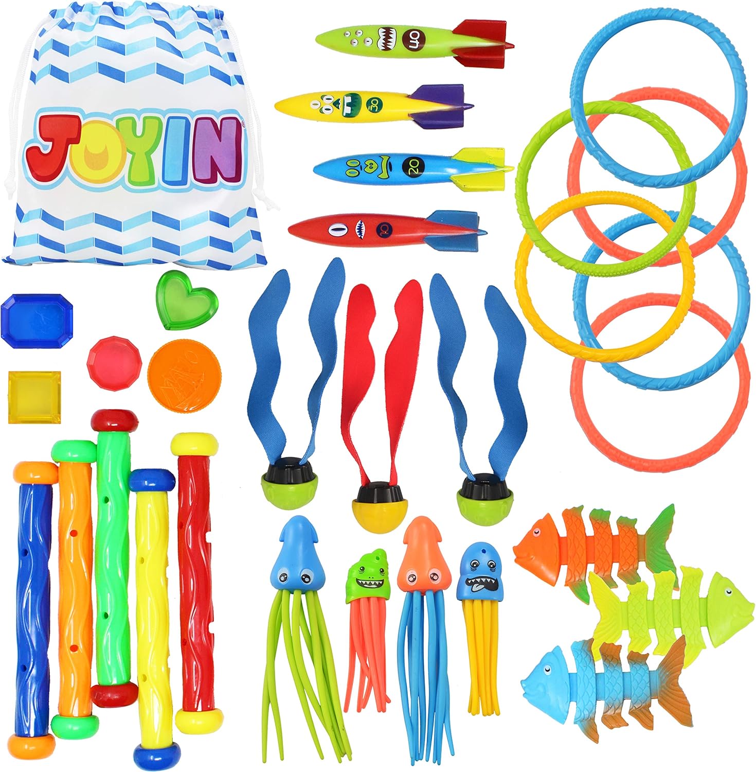 JOYIN 30 Pcs Diving Pool Toys Sinkers for kids with Storage Bag Includes 5 Diving Sticks, 6 Diving Rings, 5 Pirate Treasures, 4 Bandits, 3 Diving Toy Balls, 3 Fish Toys, 4 Stringy Octopus