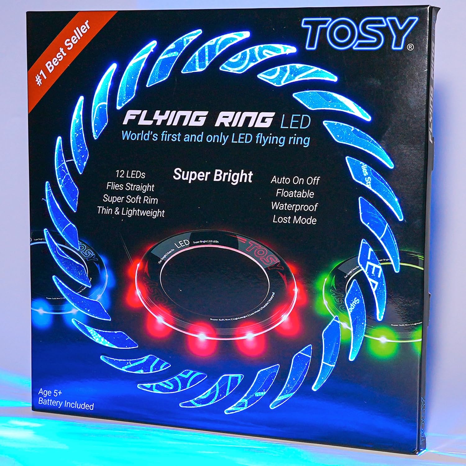 TOSY Flying Ring - 16 Million Color RGB or 12 LEDs, Super Bright, Lost Mode, Auto Light Up, 4th of July Camping Essentials for Kids/Teens/Boy/Girl, Safe, Waterproof, Pool/Beach Games, Lightweight Toy