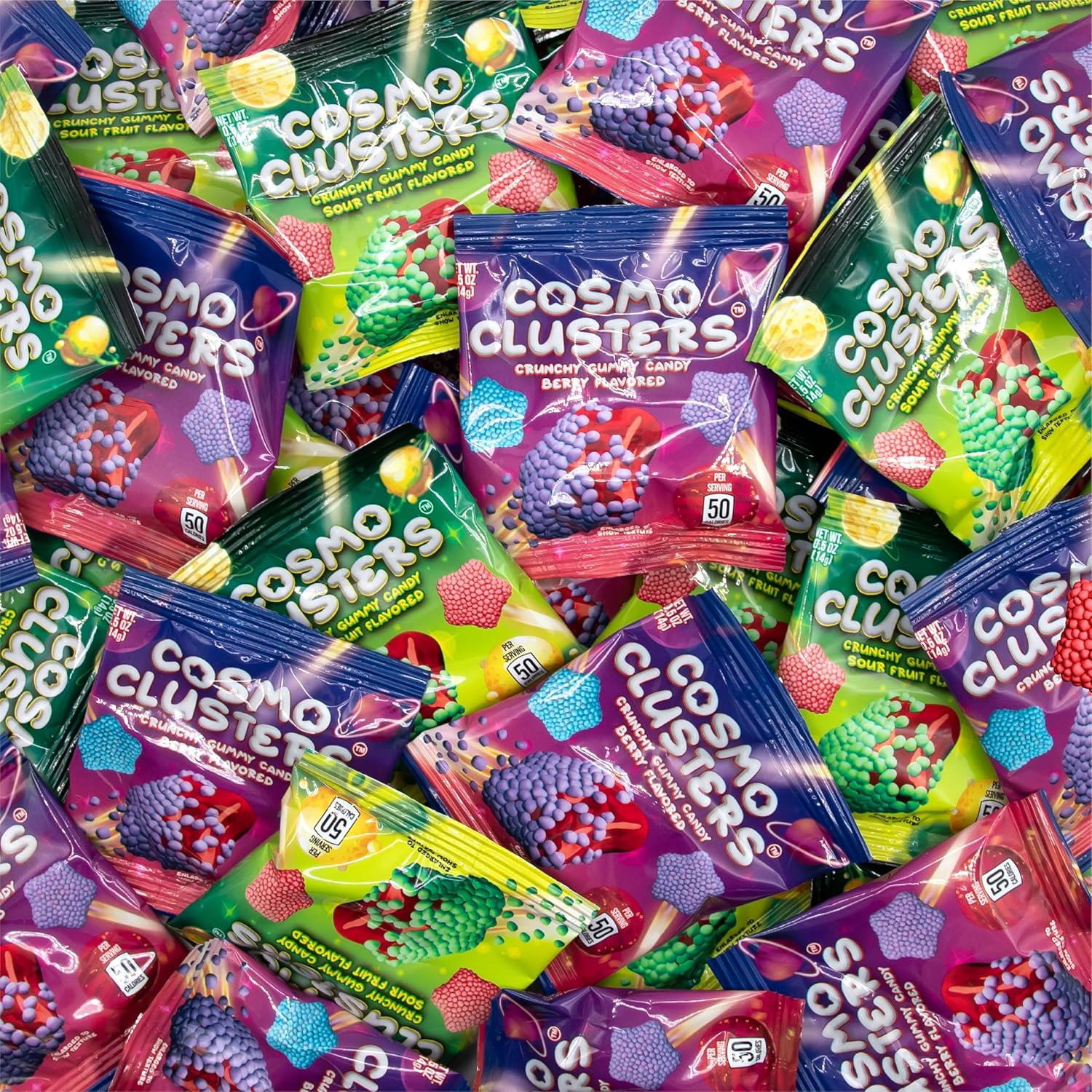Crunchy Gummy Candy Mix - 0.5 Ounce Pouch (24 Count) - Sour Fruit and Berry Chewy Star Halloween Candy with Crispy Shell - Individually Wrapped Gummy Candies by Cosmo Clusters
