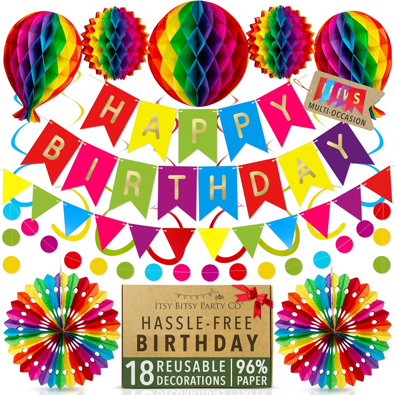 Premium Reusable Birthday Decorations - Happy Birthday Banner, Honeycomb Paper Party Decorations, Bunting, Streamers - Decor for Girls, Boys, Women & Men by Itsy Bitsy Party Co (Rainbow)