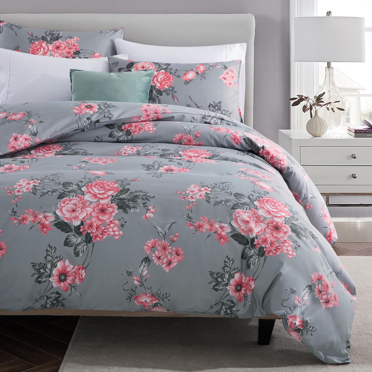 MOONLIGHT20015 Double Duvet Set Soft Printed Luxury Bedding Set Brushed Microfiber Duvet Cover with Pillowcases (Grey Bouquet 200x200 CM)