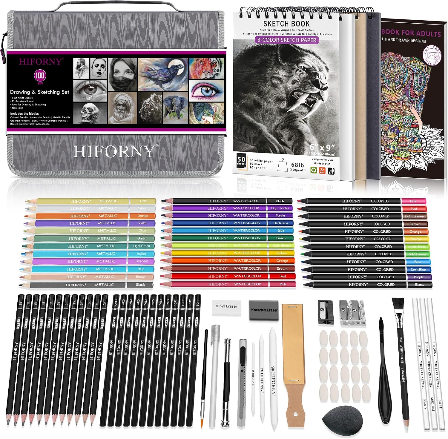 HIFORNY 100 PCS Drawing & Sketching Set, Professional Art Supplies with Graphite,Charcoal, Colored,Watercolor,Metallic Pencils,Blending Tools,Sketchbook and Coloring Book in Zipper Case (Grey)