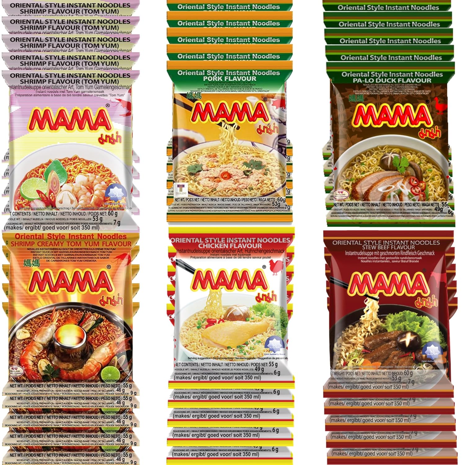 Mama Noodle Instant - Variety Pack 6 Flavors (Pork, Chicken, Shrimp, Duck, Beef, Creamy Shrimp) - TOTAL 30 PACKS - 5 Pack Each Flavor (60g each pack)