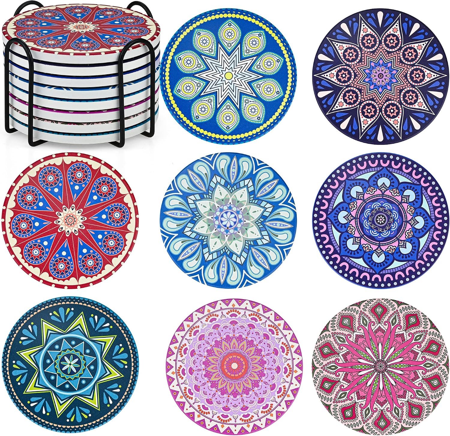 Mandala Coasters Set of 8, Ceramic Round Drink Coasters with Holder Absorbent Drink Coaster Set with Non-slip Cork Base & Ceramic Stone Cup Pad for Cups Mug Wine Glass Home Kitchen & Bar - 4 Inches