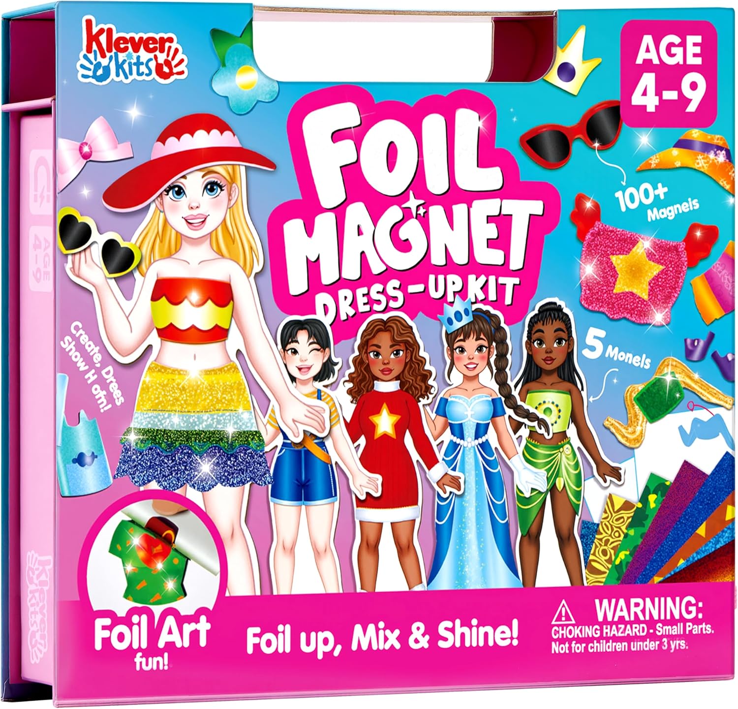Klever Kits Foil Magnet Dress-Up Kit, 2-in-1 Fashion DIY Craft for Kids Paper Dolls for Girls Ages 4 5 6 7 8 9 Travel Activity Birthday Gifts with Display Box