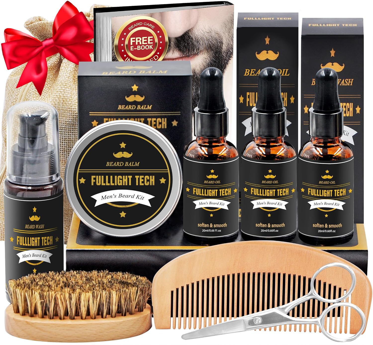 Beard Kit for Men Grooming & Care W/3 Pack Beard Oil,Wash,Balm,Comb,Brush,Scissor,Fathers Birthday Anniversary Valentines Gifts for Him Boyfriend Husband Dad Christmas Stocking Stuffers