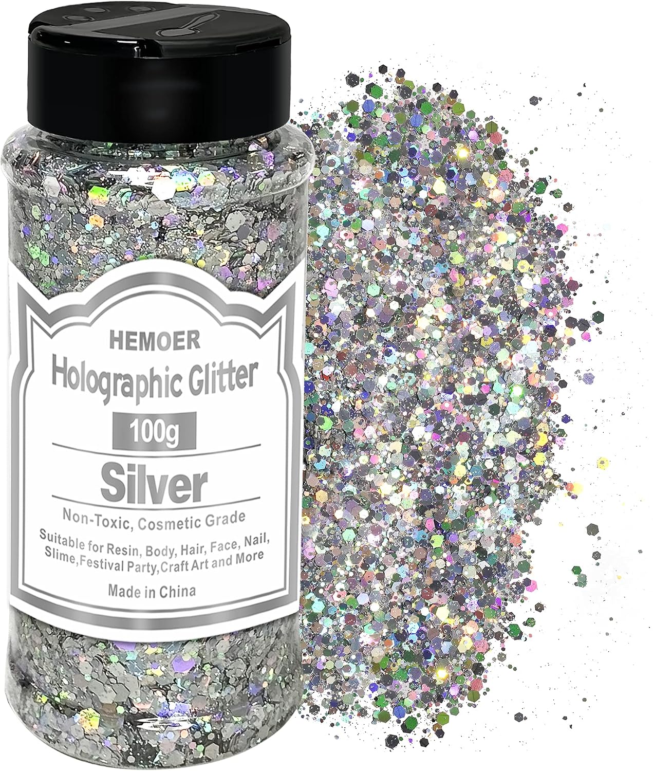 HEMOER Holographic Chunky Glitter, 100g Silver Chunky Sequins Glitter, Cosmetic Craft Glitters for Resin, Face, Nail, Body, Crafts, Slime Festival Party Art and More-3.52oz/Bottle