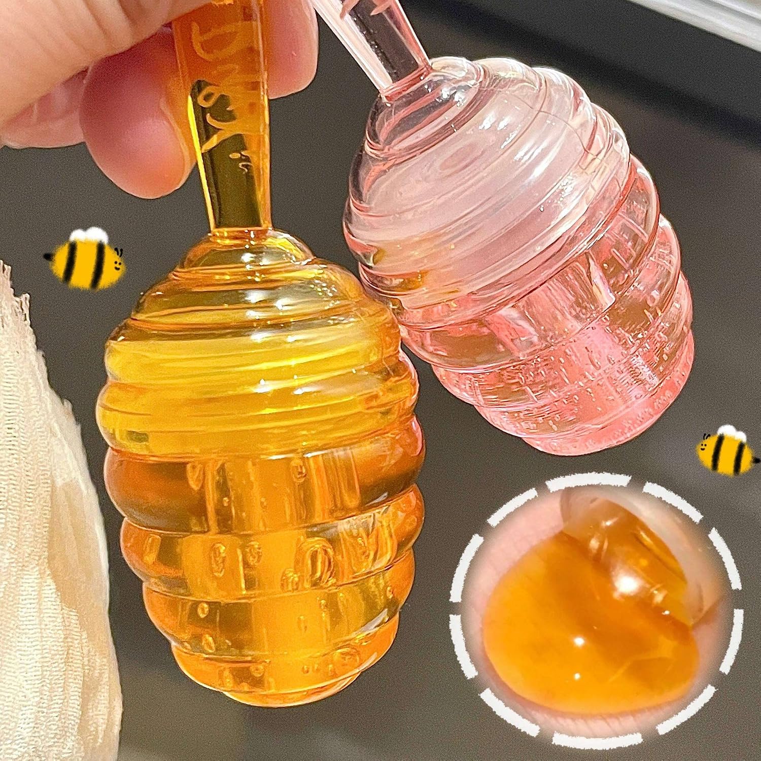 Fashion Base Honey Lip Oil, Lip Gloss Set Clear Lip Gloss 2PCS Lip Gloss Moisturizing Liquid Lipstick,Glossy Lip Make up Lip Comfort Oil Transparent Lip Gloss Kit Honey Flavors