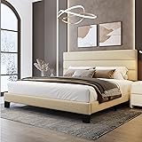 WEEWAY King Bed Frame Platform Bed with Linen Fabric Upholstered Headboard and Wooden Slats Support, Heavy Duty Mattress Foundation, No Box Spring Needed, Easy Assembly, Beige