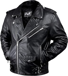 HWK Brando Leather Motorcycle Jacket for Men, Ultra Comfy Vintage Style Genuine Black Leather Jacket with CE Armor and Thermal Lining, Water Resistant Biker Jacket for All-Weather Riding - Large