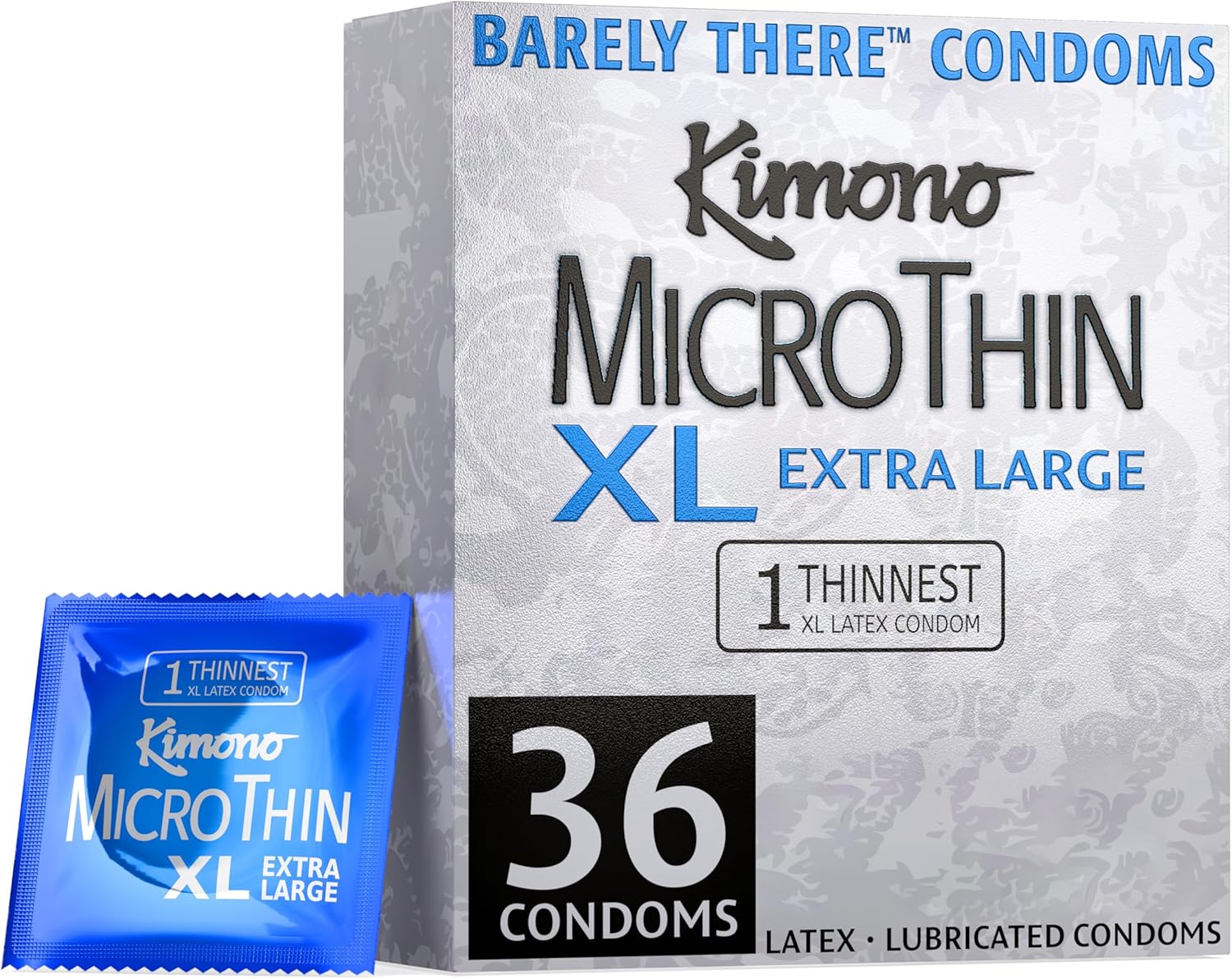 Kimono MicroThin XL Pack of 36 - Ultra Thin Lubricated Condoms, Natural Latex, Vegan-Friendly, No Latex Odor, Extra Thin, Widest-Base - Enhanced Sensitivity