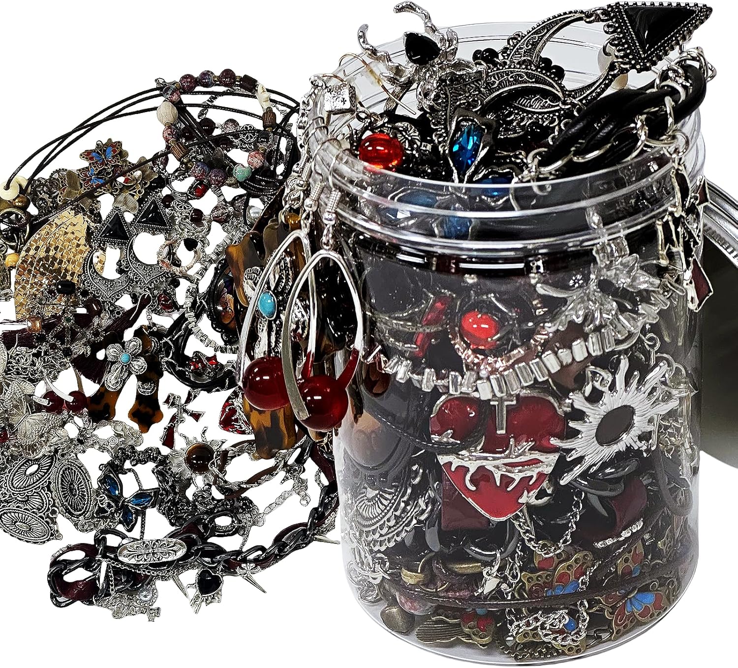 gudong Mystery Jewelry Jar Bundle,30-35 Piece Surprise Gothic Box For Women, Gothic Witch Punk Hippie Emo Jewelry Set Mix Ring, Necklace, Bracelet, Earrings Set-Unique Birthday Gift
