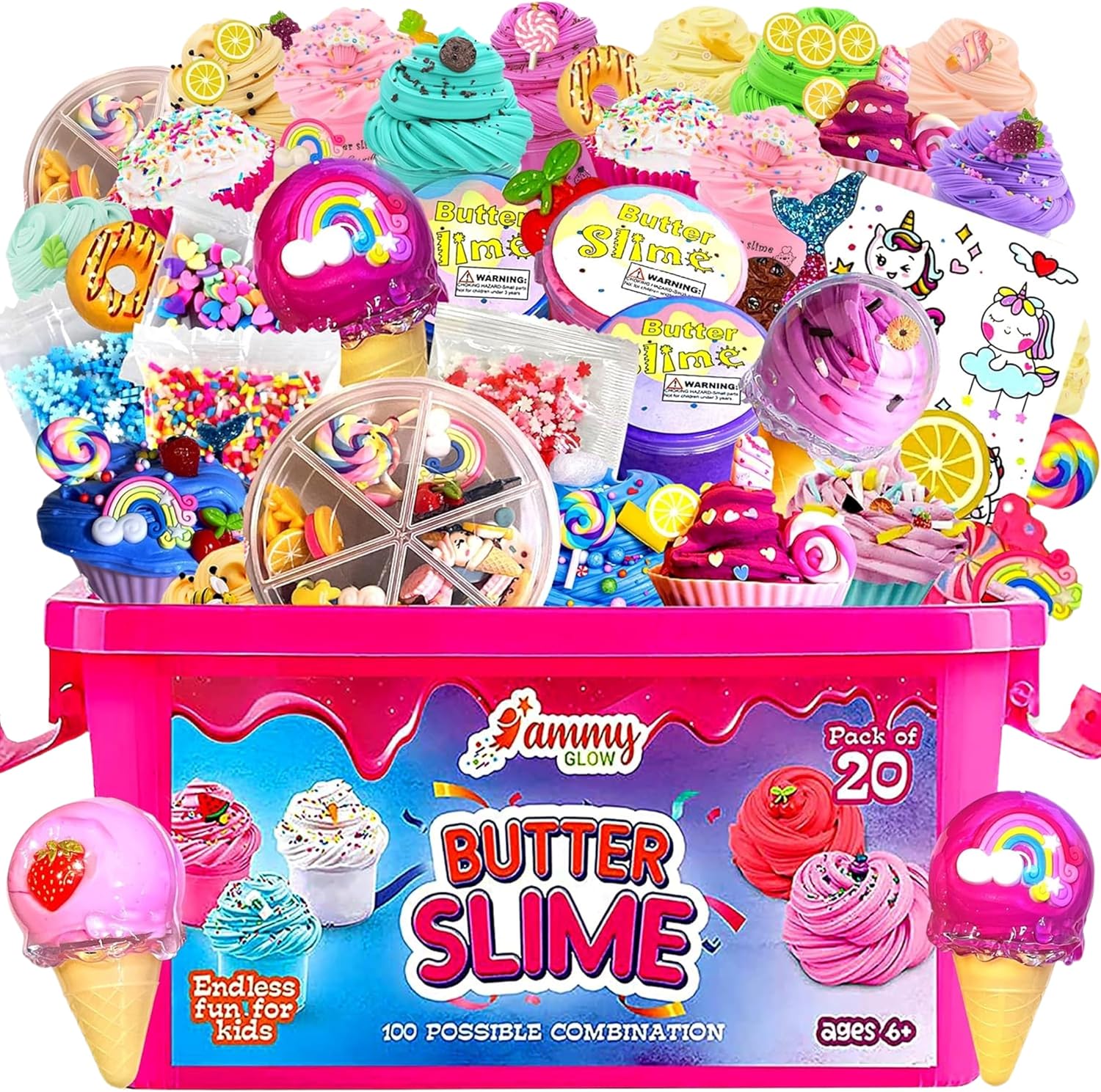 Jumbo Butter Slime Kit for Girls Ages 8-12-w/Storage Box for Colorful Assorted Slimes,Sprinkles,Charms & More Accessories-Non Toxic,Non Sticky Slime for Kids-Sensory Toys