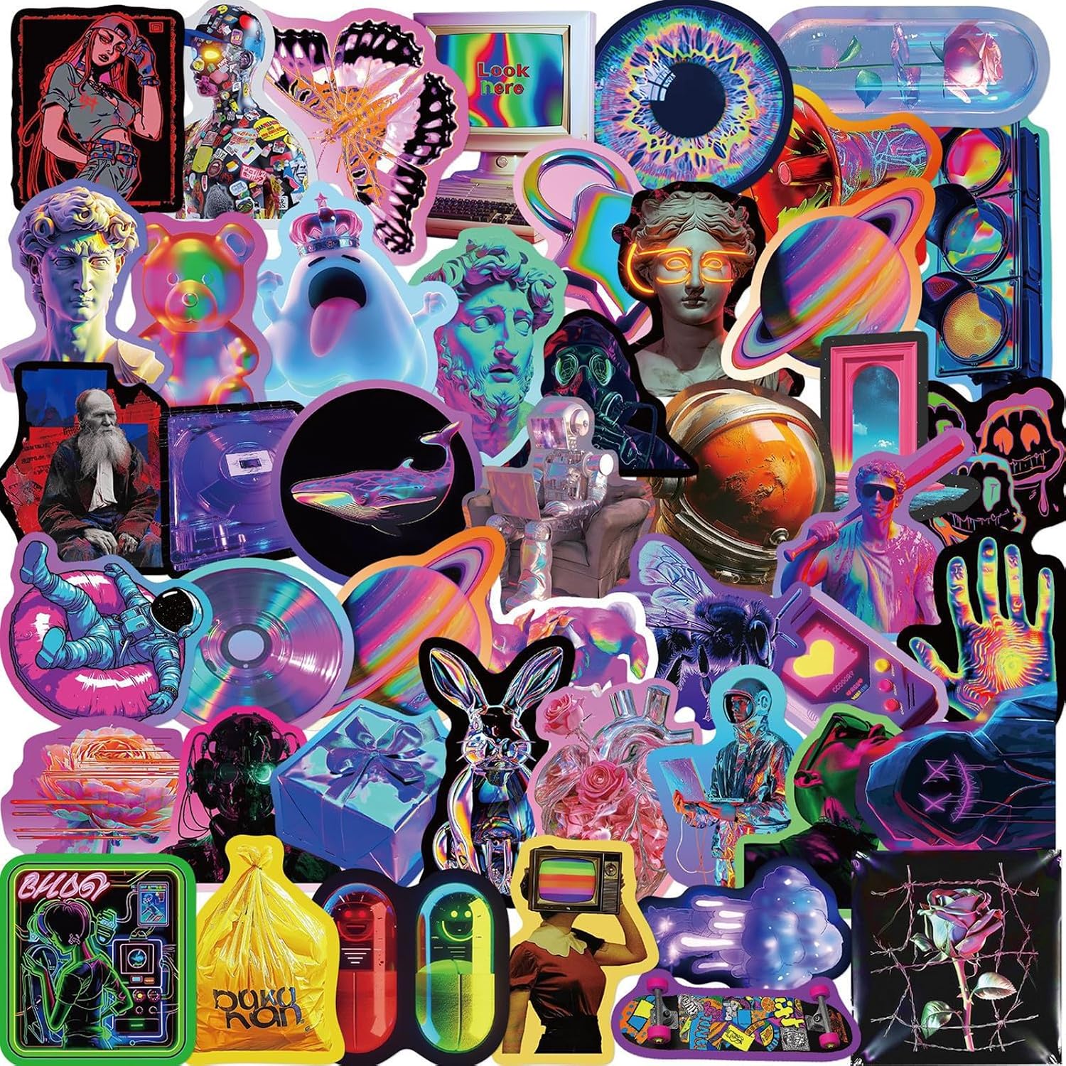 52Pcs Aesthetic Cool Cyberpunk Stickers Kids Teens Girls Colorful Cyberpunk Future Technology Wilderness Vinyl Water Bottle Laptop Decals Decorative Scrapbook Skateboard Journal Graffiti Stickers