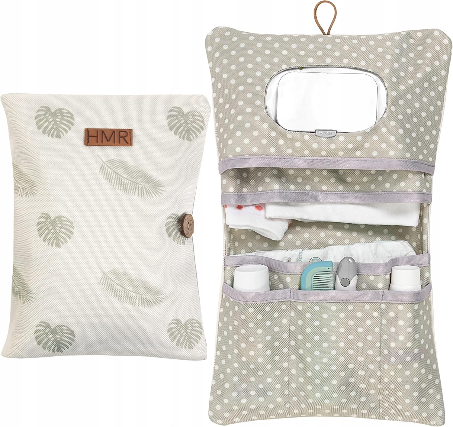 HAMUR HOME Diaper Bag Organizer and Cosmetic Bag 2in1 - Small Diaper Bag for On The Go Mom's Diapers Cream Wipes Baby Organizer (Leaves)