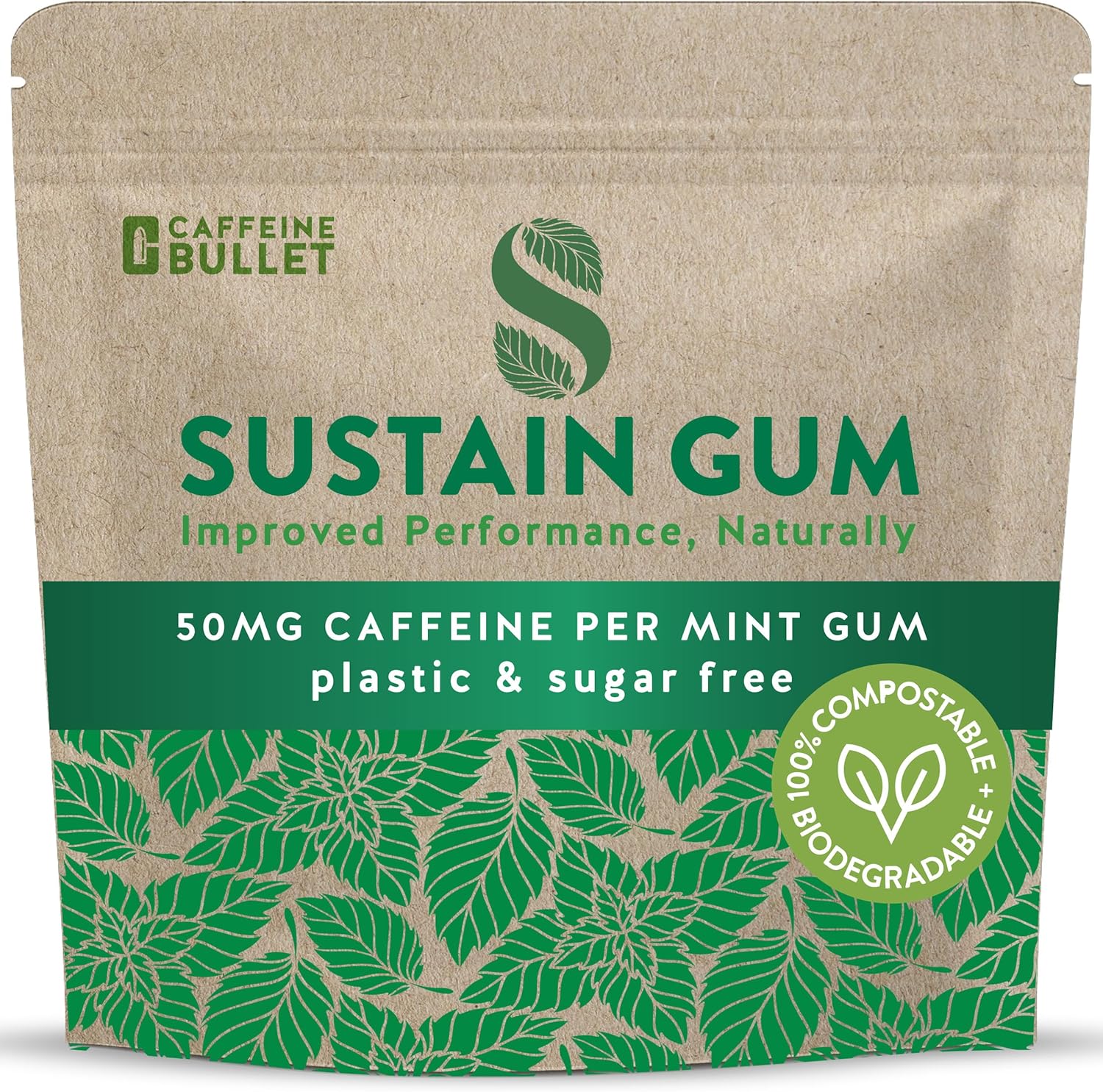 Sustain Caffeine Gum - Natural Mint Energy. 72 Pieces, 50 mg each - Biodegradable, Sugar-Free, Contains Xylitol, Plant-Based & Plastic Free with No Aspartame - 6 Packets