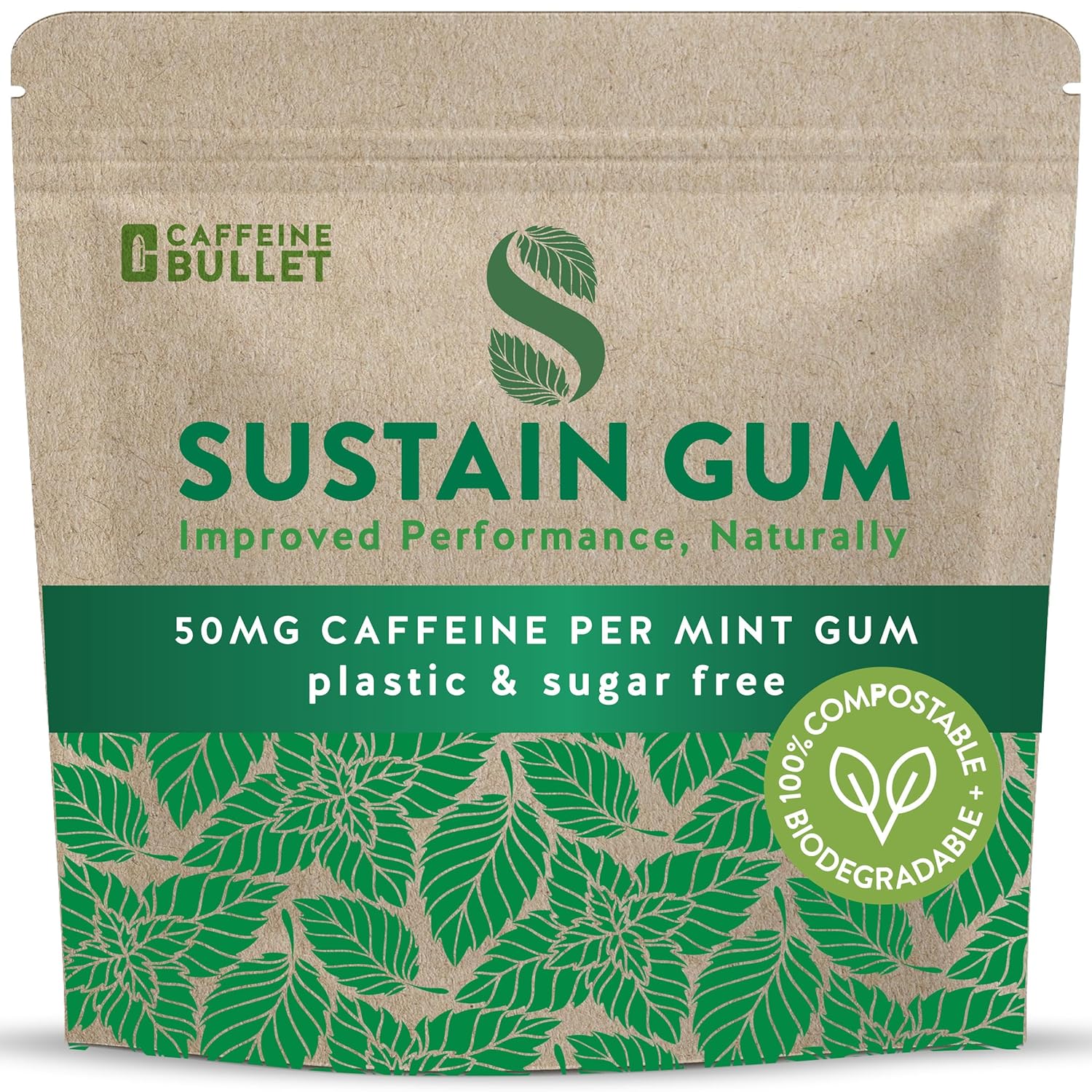 Sustain Caffeine Gum - Natural Mint Energy. 72 Pieces, 50 mg each - Biodegradable, Sugar-Free, Contains Xylitol, Plant-Based & Plastic Free with No Aspartame - 6 Packets