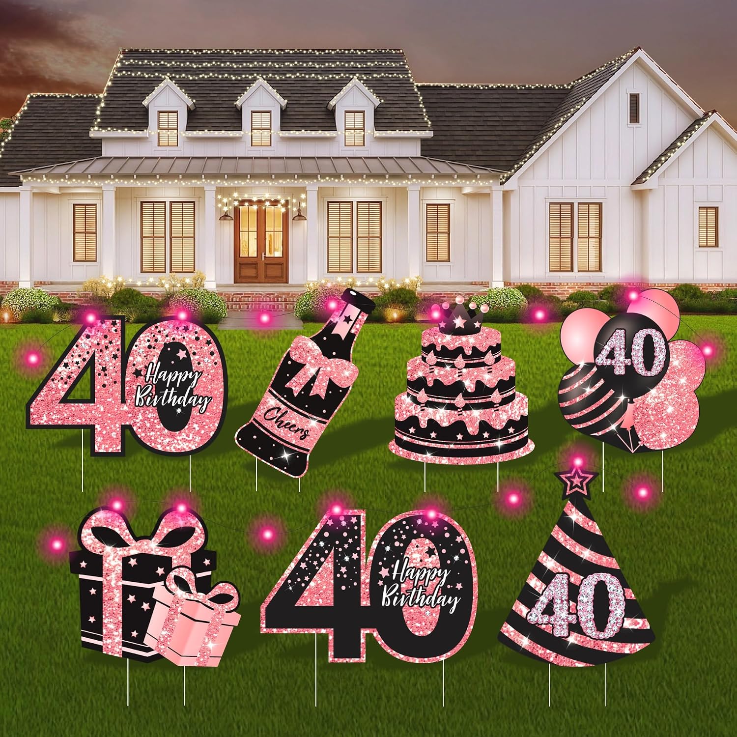 40th Birthday Decorations for Women - 7 Pcs Birthday Yard Signs with Stakes, LED Lights & Double-Sided Tape | Happy 40th Decor | Outdoor/Indoor Party Favors, Photo Props & Lawn Decorations